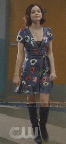 Stella's blue floral wrap dress on Life Sentence