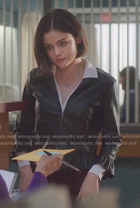 Stella's leather jacket with ruffled trim on Life Sentence