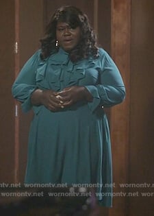Becky's teal front ruffle long sleeve dress on Empire