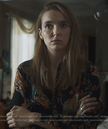Villanelle's black tiger print shirt on Killing Eve