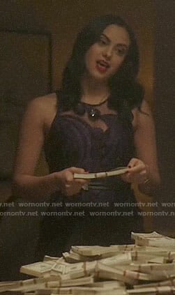Veronica's purple feather embroidered dress on Riverdale