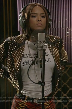 Tiana's studded jacket and red tiger print pants on Empire