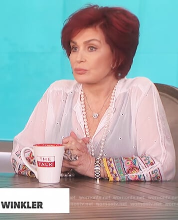 Sharon's white embellished cuff top on The Talk