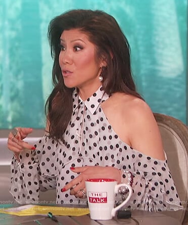 Julie's white polka dot cold shoulder top on The Talk