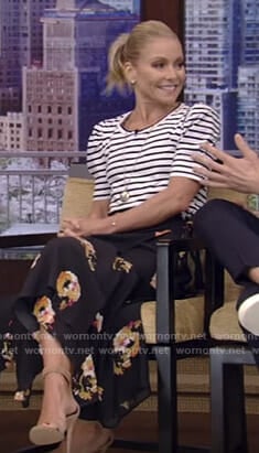 Kelly's white striped top and floral midi skirt on Live with Kelly and Ryan