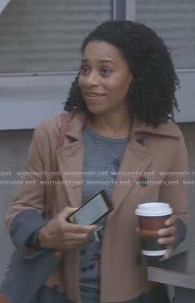Maggie's beige and grey colorblock coat on Grey's Anatomy