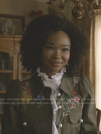 Monica's floral embroidered army jacket with pearl buttons on Dynasty