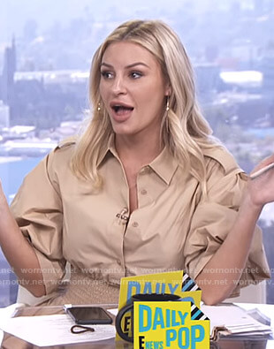 Morgan's beige smocked waist shirtdress on E! News Daily Pop
