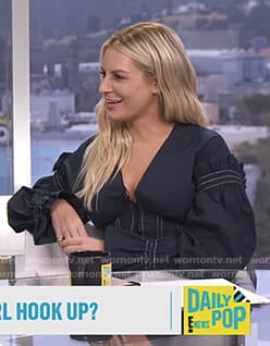 Morgan's navy corset blouse with white stitching on E! News Daily Pop
