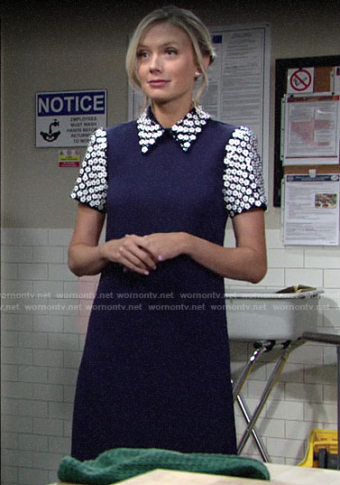 Abby's blue dress with floral embellished sleeves and collar on The Young and the Restless