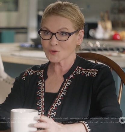 Joan's black embroidered v-neck blouse on Life in Pieces