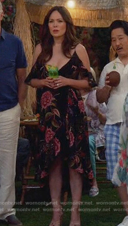 Camille's peony print cold shoulder wrap dress on Splitting up Together