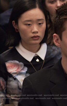 Courtney's black floral print collared dress on 13 Reasons Why