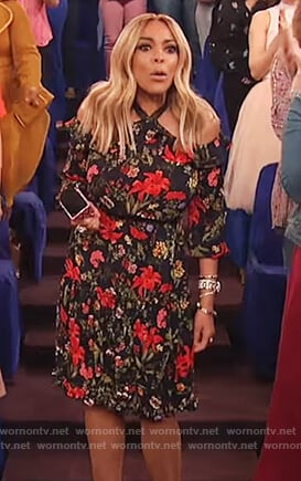 Wendy's black floral print halter neck dress on The Wendy Williams Show