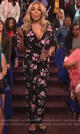 Wendy's black floral jumpsuit on The Wendy Williams Show