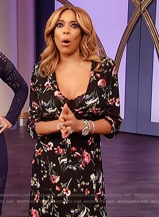 Wendy's black floral print wrap dress on The Wendy Williams Show