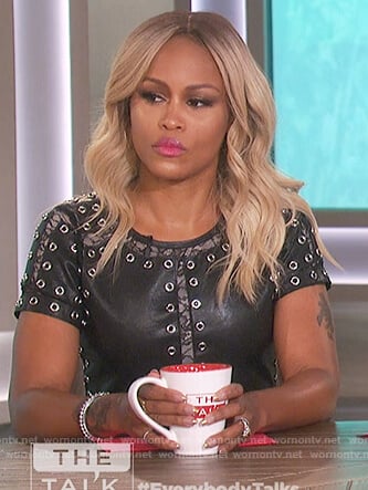 Eve's black leather grommet embellished dress on The Talk