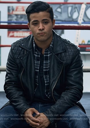 Tony's black quilted moto jacket on 13 Reasons Why