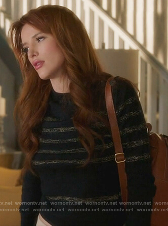 Paige's black metallic striped sweater on Famous in Love