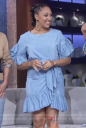 Tamera's ruffled chambray wrap dress on The Real