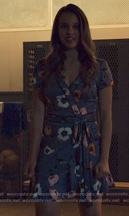 Jessica's blue floral print wrap dress on 13 Reasons Why