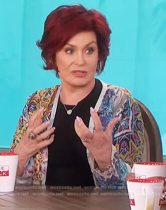 Sharon's blue print cardigan on The Talk