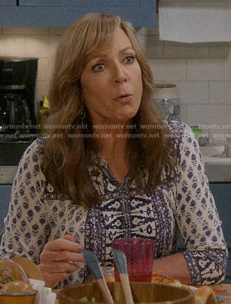 Bonnie's blue and white printed top on Mom