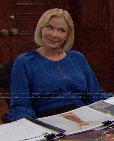 Brooke's blue keyhole blouse on The Bold and the Beautiful