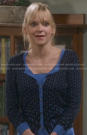 Christy's black and blue printed cardigan on Mom