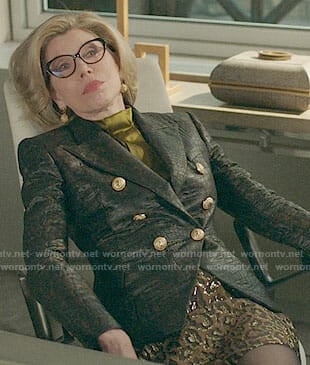 Diane's leather blazer and leopard skirt on The Good Fight