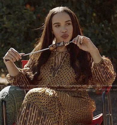Erica's yellow printed midi dress on Last Man on Earth