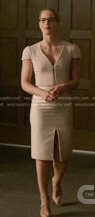 Felicity's pink v-neck sheath dress on Arrow