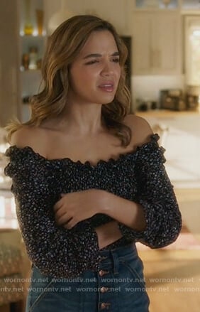 Cassandra's floral smocked off shoulder top on Famous in Love