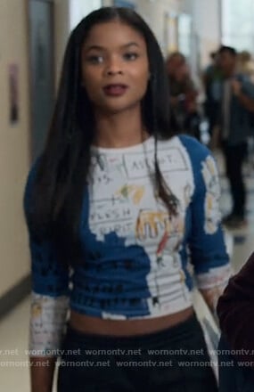 Sheri's graffiti print crop top on 13 Reasons Why