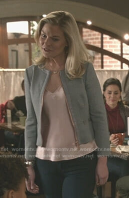 Stephanie's grey bow detail zip jacket on Good Witch