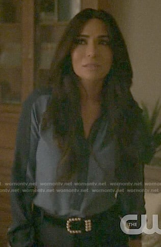 Hermione's blue colorblock blouse and pearl belt on Riverdale