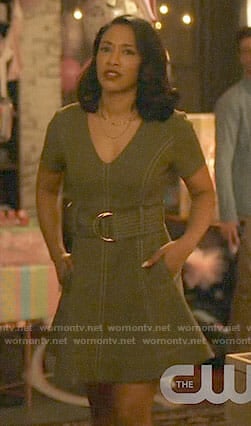 Iris's olive green belted dress on The Flash