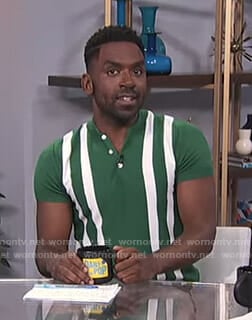 Justin's green striped polo shirt on E! News Daily Pop