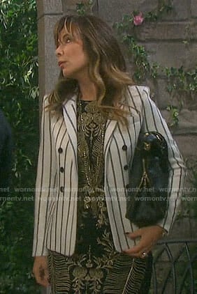Kate's gold embroidered dress and striped blazer on Days of our Lives