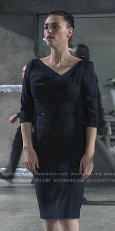 Lena's navy draped neck sheath dress on Supergirl
