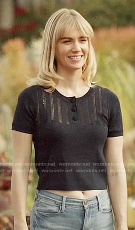 Melissa's navy top with buttons on Last Man on Earth