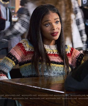 Sheri's multicolred striped knitted sweater on 13 Reasons Why