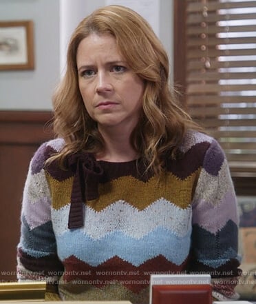 Lena's striped bow neck sweater on Splitting up Together