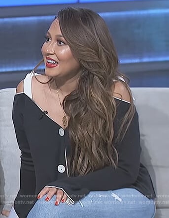 Adrienne's navy shoulder tie cardigan on The Real