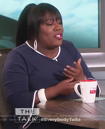 Sheryl's navy contrast bell sleeve dress on The Talk