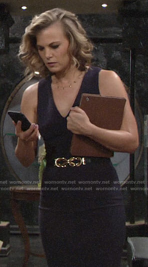 Phyllis's navy v-neck dress on The Young and the Restless
