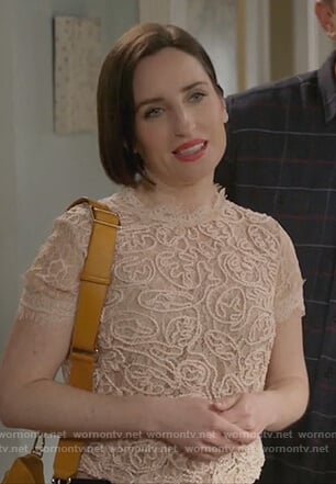 Jen's blush embroidered lace top on Life in Pieces
