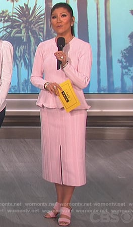 Julie's pink ribbed peplum sweater and midi skirt on The Talk