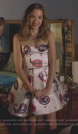 Cassandra's white strapless print dress on Famous in Love