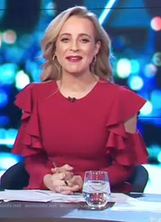 Carrie's red ruffle cold shoulder dress on The Project